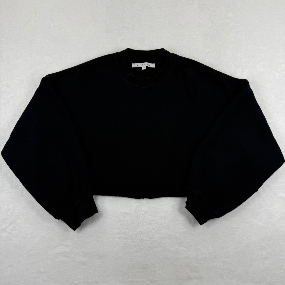 Xirena Womens Black Cropped Crew Neck Sweatshirt Raw Hem Balloon Sleeve XS